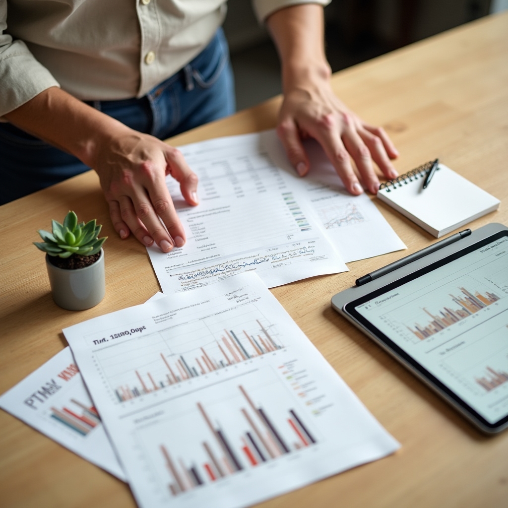 Freelancer revisando su portafolio de servicios y tarifas sobre una mesa con documentos impresos