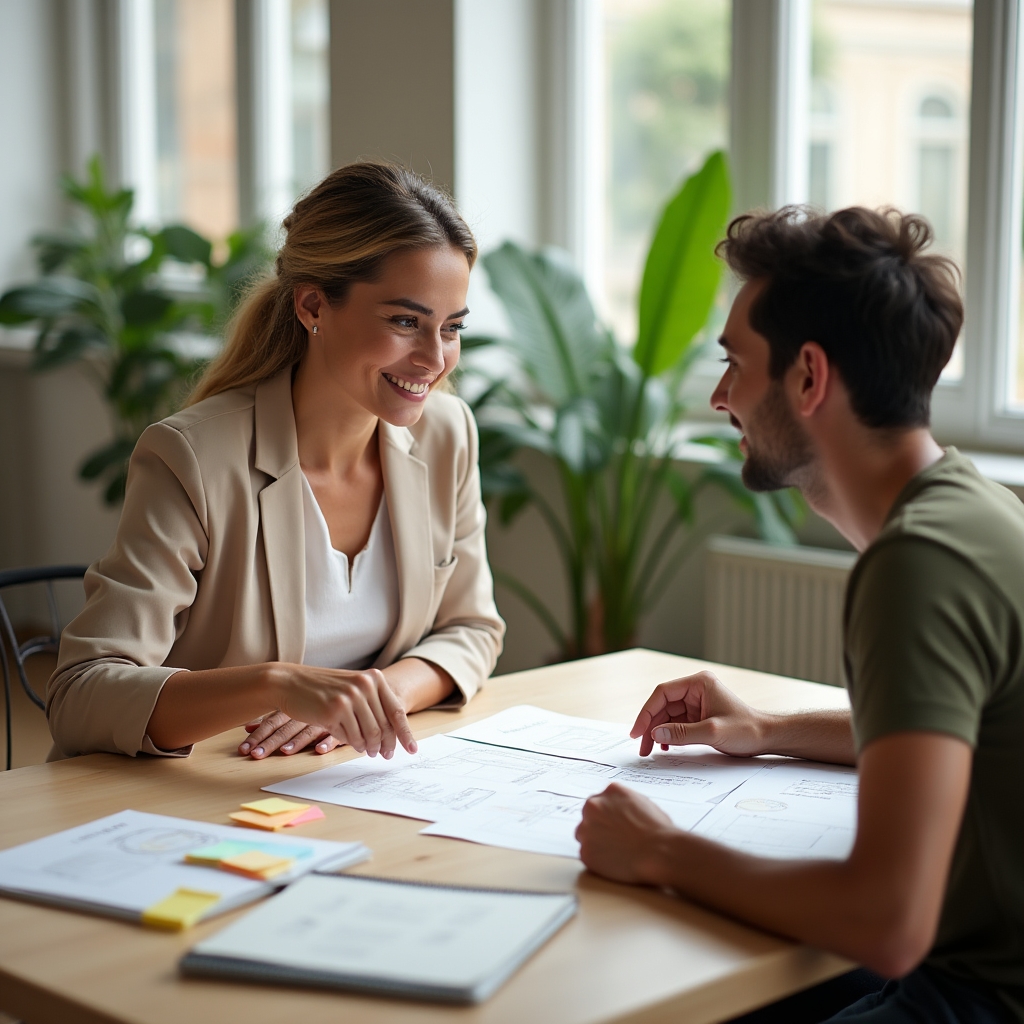 Consultora y freelancer revisando juntos un documento de estrategia en una mesa de coworking