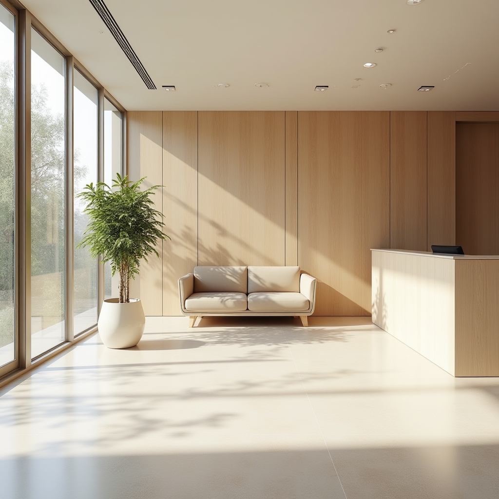 Recepción de la oficina de Turbenaqo en Madrid con luz natural y mobiliario moderno