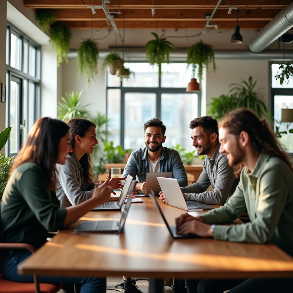 Equipo de freelancers trabajando de forma colaborativa en un espacio de coworking luminoso