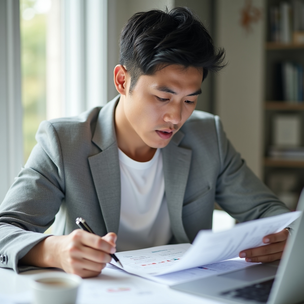 Freelancer revisando una propuesta estratégica impresa antes de enviarla a un cliente potencial