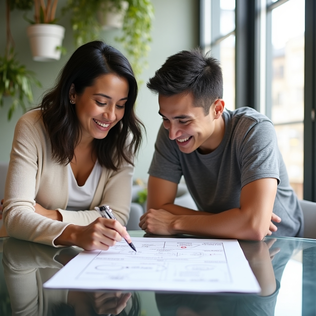 Consultora explicando un marco de trabajo a un freelancer usando notas sobre una mesa de cristal